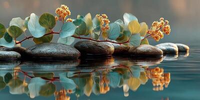 Natural beauty of stones and eucalyptus leaves reflecting in calm water during sunset hours in a tranquil setting photo