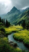 Majestic mountains towering over a lush green valley with flowing river under overcast sky photo