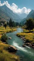 Serene river flows through lush valley surrounded by mountains under a bright sky photo