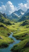 Majestic mountain valley with a flowing stream and vibrant green landscape under a blue sky photo