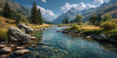Scenic river flows through mountain valley with lush greenery and clear skies photo