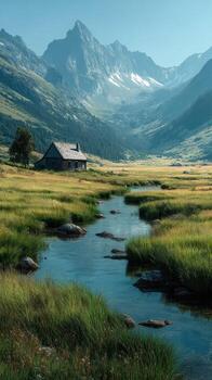 montaña Valle con un cabina y un fluido corriente rodeado por verdor durante luz horas foto