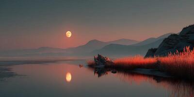 Moonrise over tranquil lake with reflections and silhouettes of mountains at twilight photo