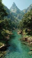 Majestic mountain landscape with clear river flowing through lush green valley under bright blue sky photo