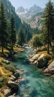 Crystal clear river flows through a lush valley with towering mountains in the background during a sunny day photo