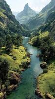 Lush green hills and flowing river in a serene valley with dramatic mountain backdrop during daylight photo