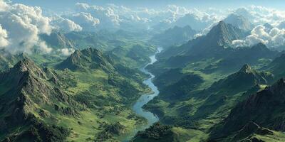 Majestic valley landscape with river and mountains under a cloudy sky in the early morning light photo