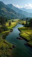 Serene river flows through green meadows under majestic mountains in bright daylight photo