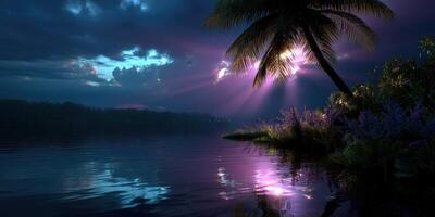 Beautiful tropical sunset lighting up the serene lake with palm tree reflections and vibrant colors photo