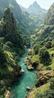 Majestic river flows through lush valleys and rocky hills in a serene landscape photo