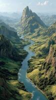 Majestic mountains and winding river create a serene landscape in a lush green valley photo