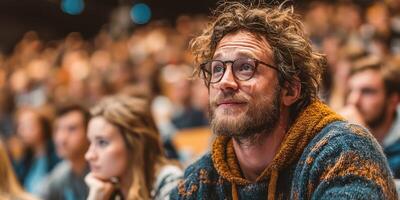 Audience engaged during an educational lecture in a large auditorium on a cool autumn evening photo