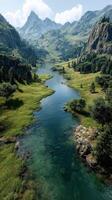 Breathtaking river flowing through a valley surrounded by majestic mountains and lush greenery on a sunny day photo