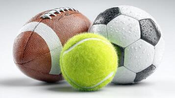 Sports balls placed together showcasing variety in athletic activities and games during an indoor setting photo