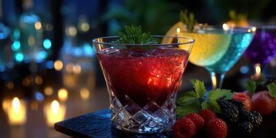Colorful cocktails displayed at a lounge during a vibrant evening with ambient lighting photo