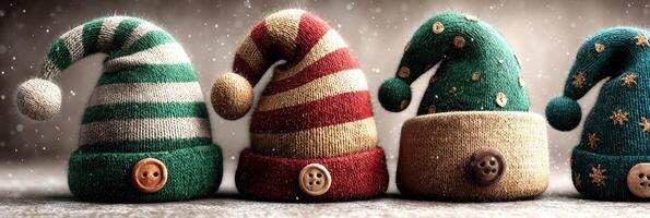 Unique and colorful knitted hats perfect for holiday festivities on a snowy background photo