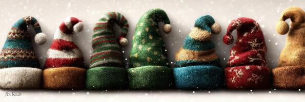 Colorful holiday hats lined up, showcasing festive patterns in a cozy winter setting with gentle snowfall photo