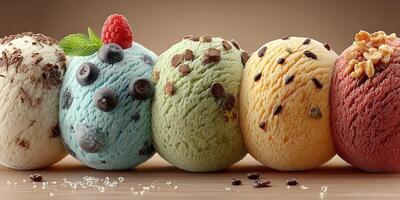 Colorful assortment of ice cream scoops served on a wooden surface photo