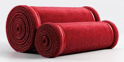 Rolled red carpet placed neatly on a white background showcasing its texture and vibrant color for an event or presentation setup photo
