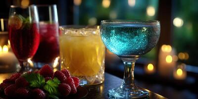 Elegant cocktail setup with colorful drinks and fresh raspberries at a cozy evening gathering photo