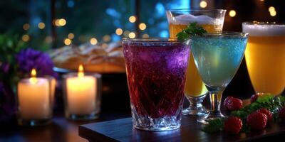 Colorful cocktails and drinks set on a table with candles and party lights in a cozy ambiance during an evening gathering photo