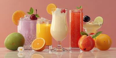 Refreshing colorful cocktails and fruits arranged beautifully on a marble surface in a vibrant setting photo