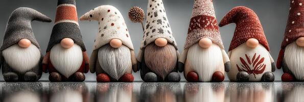 Colorful gnomes lined up on a reflective surface in a cozy indoor setting during the festive season photo