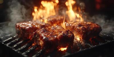 Grilling savory meat cuts over open flames during a barbecue cookout at sunset in an outdoor setting photo