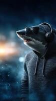 Shark character wearing sunglasses and headphones in urban setting at night photo
