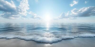 Sunrise over calm ocean waters with soft waves gently lapping at the sandy shore photo