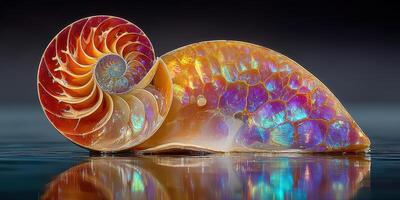 Stunning nautilus shell reflecting vibrant colors on calm water surface in natural light photo