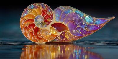 Vibrant nautilus shell resting on reflective surface, showcasing colors and intricate patterns in stunning detail photo