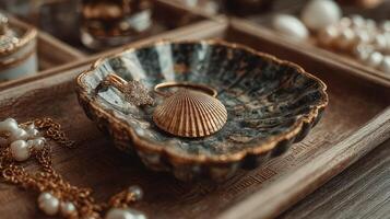 Elegant jewelry arrangement with seashell and pearls on a wooden tray in a softly lit setting photo
