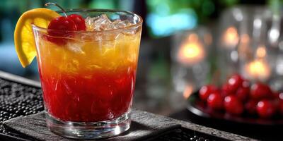Refreshing cocktail with cherry and lemon served at a vibrant bar setting during an evening gathering photo