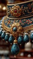 Intricate traditional jewelry highlighting blue gemstones and detailed gold work from a cultural artisan market photo