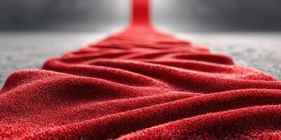 Stunning display of a red velvet fabric elegantly draped on a grey surface in soft lighting showcasing texture and depth photo
