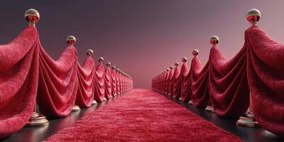 Elegant red carpet leading to a glamorous event with velvet ropes at twilight photo
