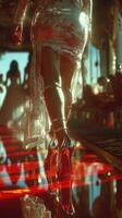 Elegant model walks down runway in shimmering dress and high heels during a fashion event at sunset photo