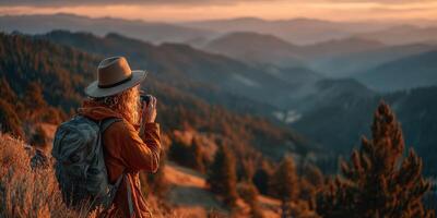 Enjoying nature while capturing sunset moments in the mountains photo