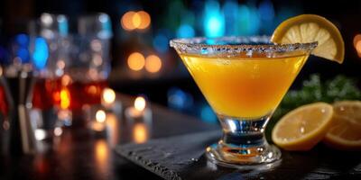 Bright citrus cocktail served in a stylish glass with lemon garnish in a vibrant bar setting photo