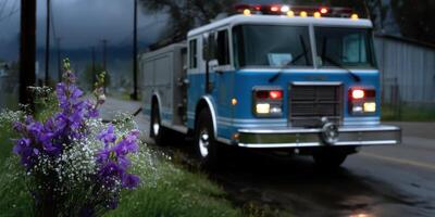 Fire truck parked on a rainy street with vibrant flowers in the foreground during a cloudy day photo