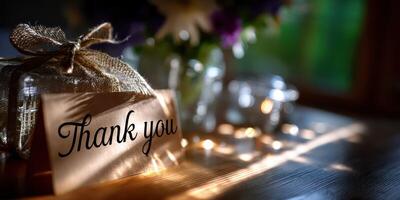 Elegant thank you note with gift and soft lighting in a cozy indoor setting photo