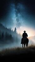 Rider on horseback gazing at the starry sky in a misty forest at dawn photo