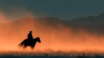 Horseback rider traverses a misty landscape at sunset with mountains in the background photo