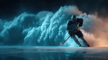 Hockey player navigating through smoke on an ice rink during an intense game at night photo