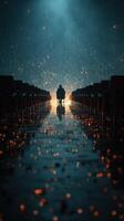 Empty auditorium with a solitary figure reflecting on life under bright, starry lights photo