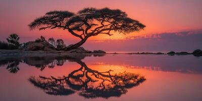 Sunset casts vibrant colors over tranquil waters with silhouetted tree reflecting in calm lake photo