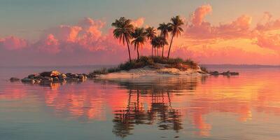 Vibrant sunset reflecting on tranquil waters near a tropical island with palms and rocks photo