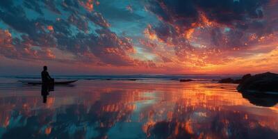 Vibrant sunset reflection over the tranquil sea with a solitary figure in a boat at an ocean beach photo