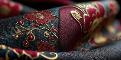 Intricate embroidery adorns rich fabric showcasing artistic design and vibrant colors at a textile studio photo